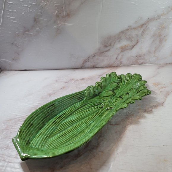 Dining Vintage Mcm 195s Ceramic Celery Dish Green Speckle Glaze